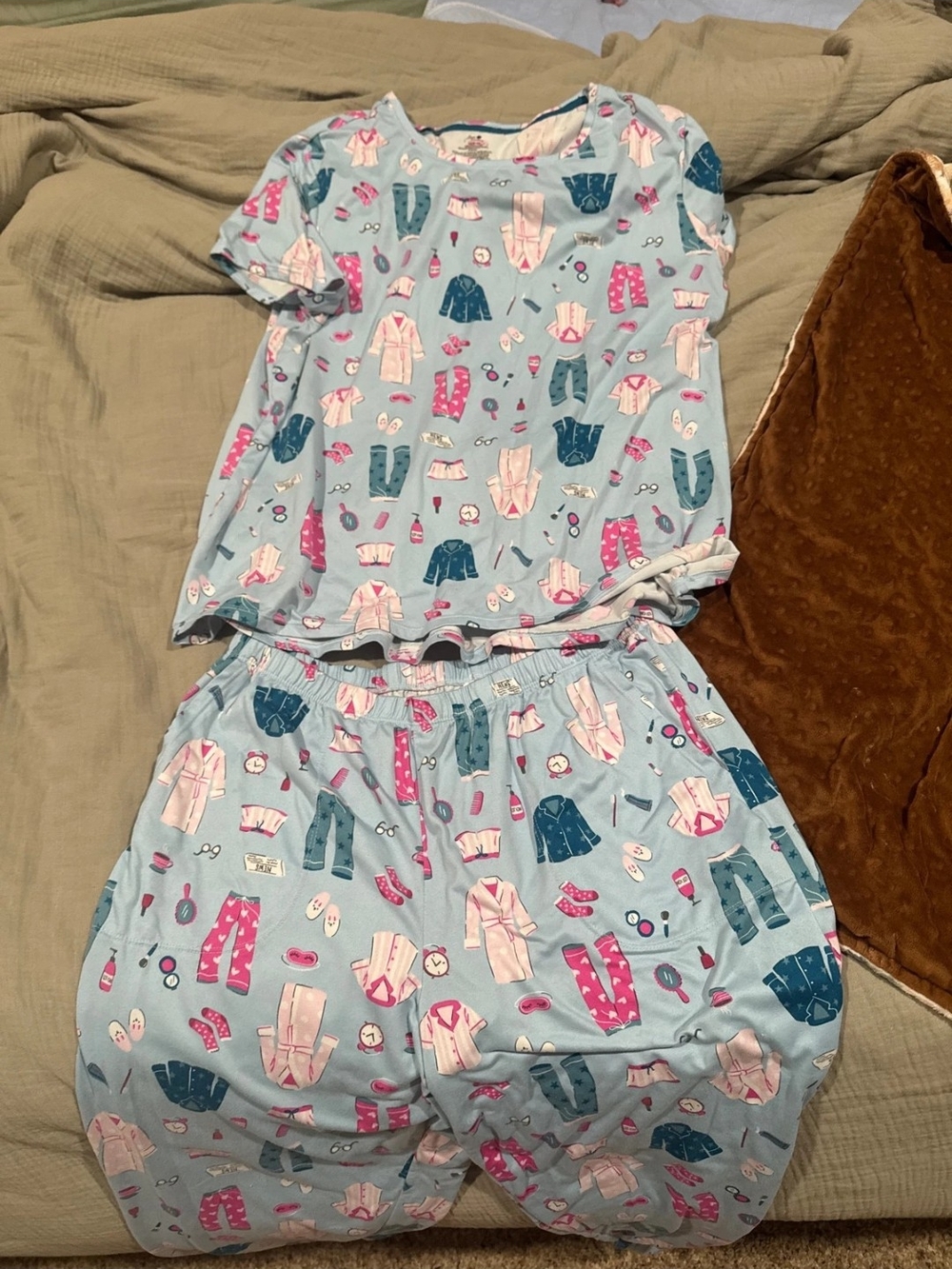 Secret Treasures Light Blue Girls' Pajama Set with Pink & Navy Prints